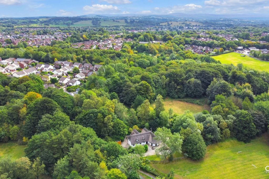 Aerial view of Lancashire countryside and villages